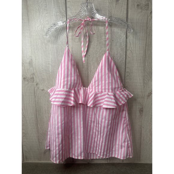 SHEIN Tops - Womens Pink White Striped Ruffle Halter Top V-Neck Sleeveless Summer Blouse L